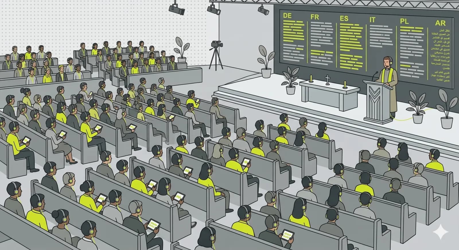 Illustrated congregation following a live-translated service on their phones, with multilingual subtitles on a screen behind the pulpit.