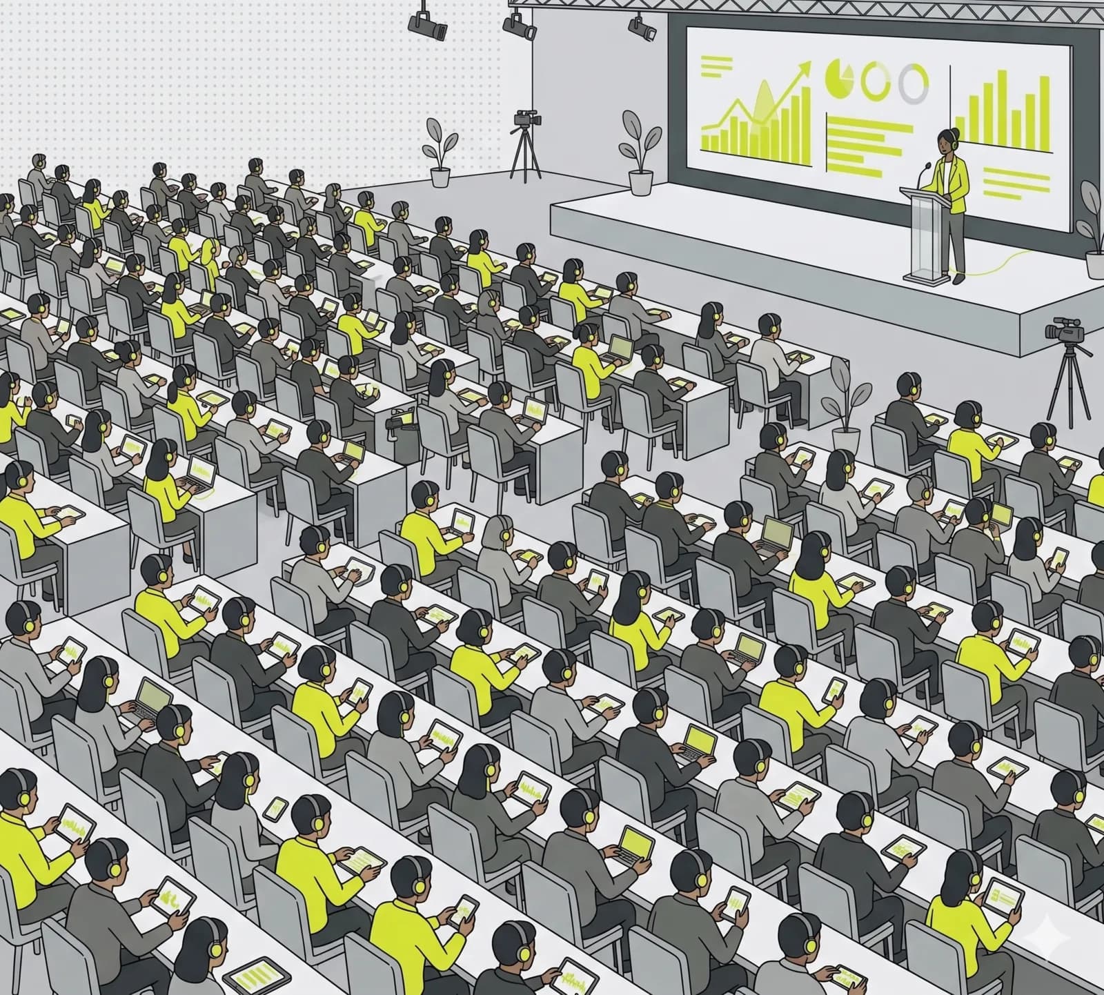 Illustrated conference audience following parallel stages on their phones in several languages.