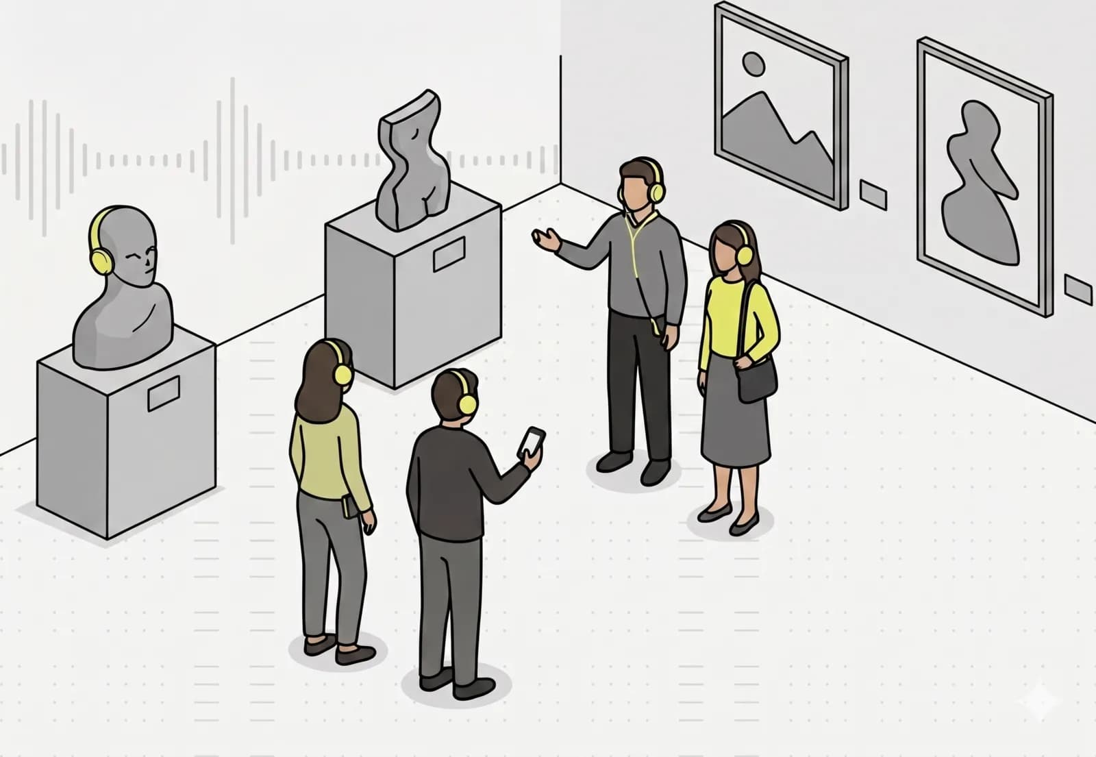 Illustrated visitors picking their language for an exhibition audio guide.