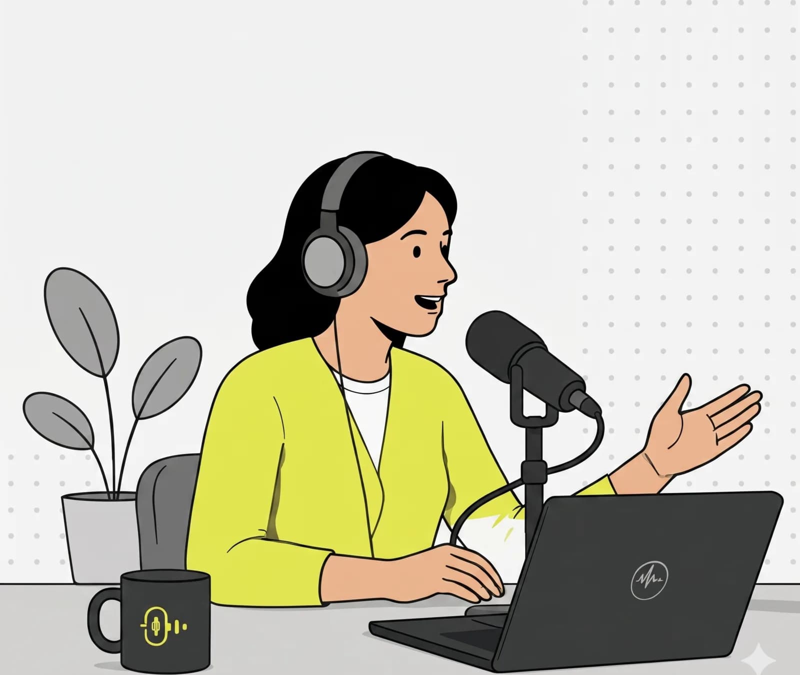 Illustrated podcast hosts and remote guests recording live from the browser with a mixer.