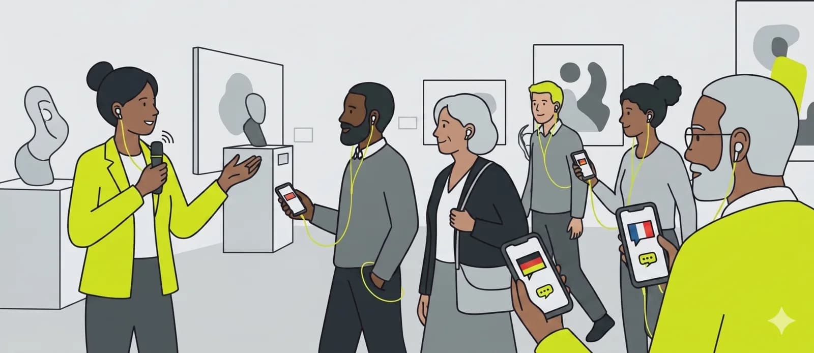 Illustrated guided tour group following a guide live on their own phones.