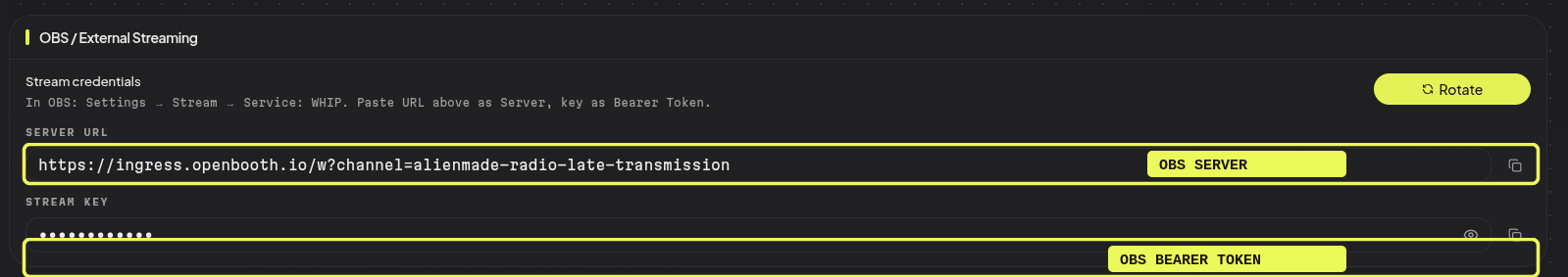 Channel settings → OBS ingest: copy the Server URL and Stream Key here.