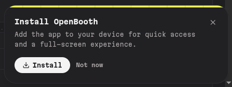 The install banner appears at the bottom of the screen. Click Install to add OpenBooth to your device.