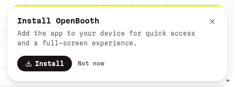The install banner appears at the bottom of the screen. Click Install to add OpenBooth to your device.